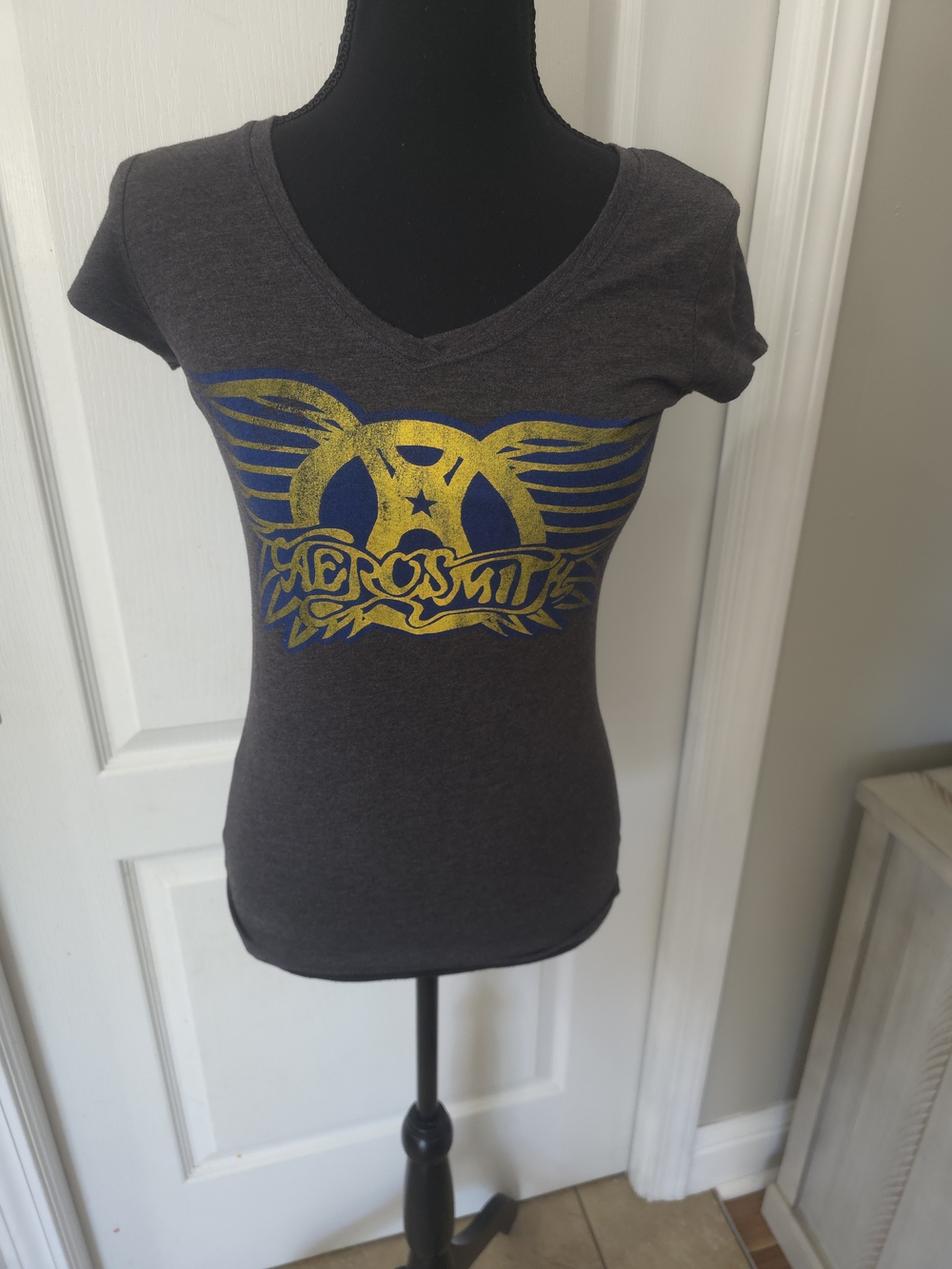 Mudd Aerosmith Charcoal V-Neck Tee with Gold and Blue Wing Graphic